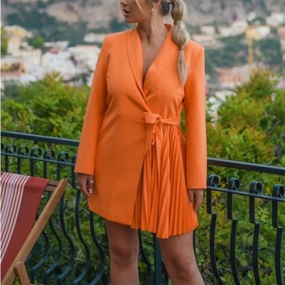 Orange Pleated Blazer Party Brunch Vacation Wedding Guest Dress - Picture 4 of 9